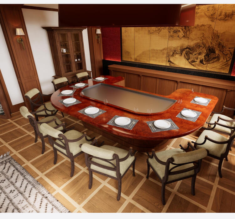 目の前で調理が楽しめる、高級感のある鉄板焼きのカウンター席